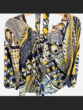Tie-Neck Geometric Print Silk Blouse in Navy, Yellow & White